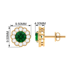 Lab Created Emerald Floral Stud Earrings with Diamond Halo