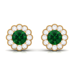 Lab Created Emerald Floral Stud Earrings with Diamond Halo