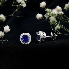 Certified 2 Carat Lab Grown Blue Sapphire Stud Earrings With Moissanite Halo