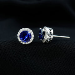 Round Lab Grown Blue Sapphire Stud Earrings With Moissanite Halo