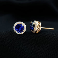 Round Lab Grown Blue Sapphire Stud Earrings With Moissanite Halo