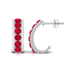 Lab Created Ruby and Diamond Hoop Earrings with Screw Backs