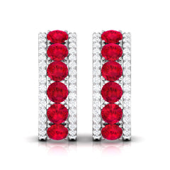 Lab Created Ruby and Diamond Hoop Earrings with Screw Backs