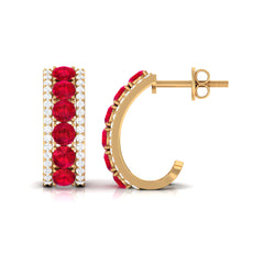 Lab Created Ruby and Diamond Hoop Earrings with Screw Backs
