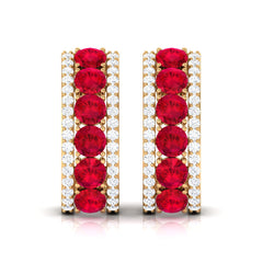 Lab Created Ruby and Diamond Hoop Earrings with Screw Backs