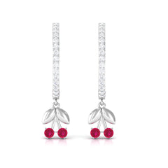 Natural Ruby Cherry Drop Hoop Earrings with Diamond