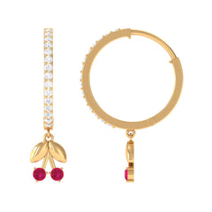 Natural Ruby Cherry Drop Hoop Earrings with Diamond