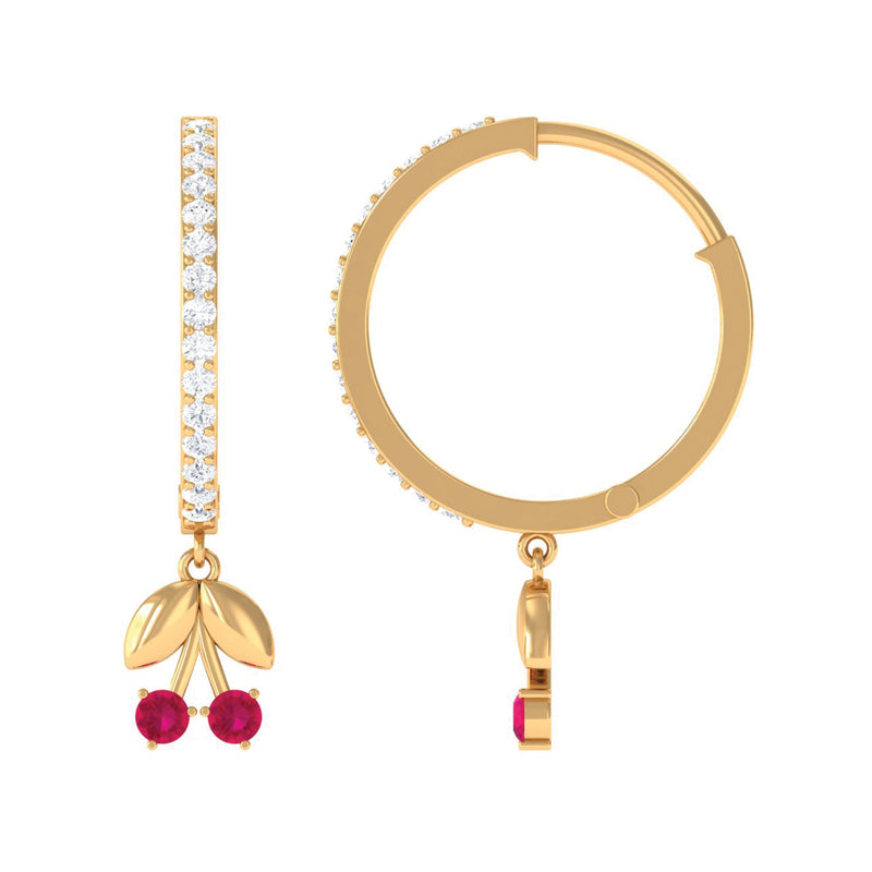 Natural Ruby Cherry Drop Hoop Earrings with Diamond
