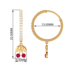 Natural Ruby Cherry Drop Hoop Earrings with Diamond