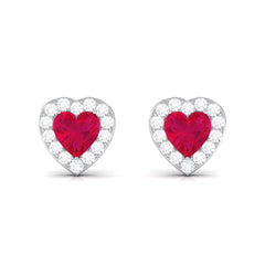 Heart Shape Ruby Stud Earrings with Diamond Halo