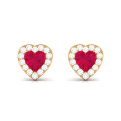 Heart Shape Ruby Stud Earrings with Diamond Halo