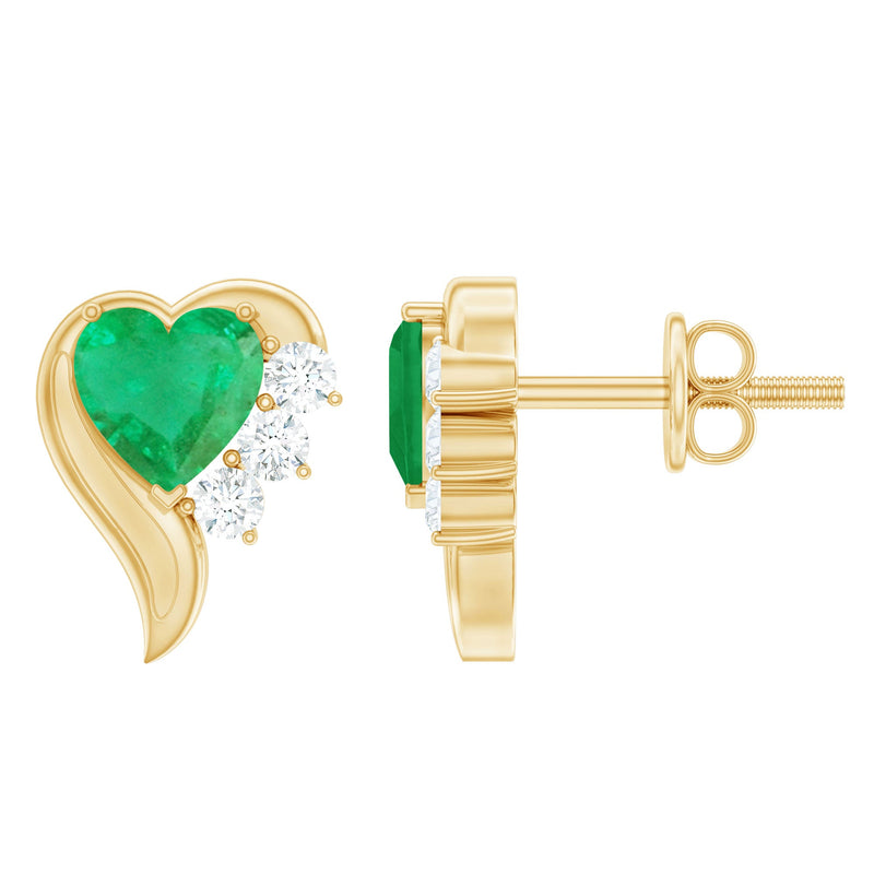 Real Emerald and Diamond Heart Stud Earrings