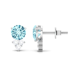2 CT Natural Aquamarine Stud Earrings with Diamond Trio