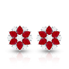 Pear Cut Ruby and Diamond Vintage Flower Earrings