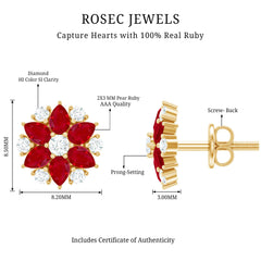 Pear Cut Ruby and Diamond Vintage Flower Earrings