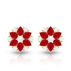 Pear Cut Ruby and Diamond Vintage Flower Earrings