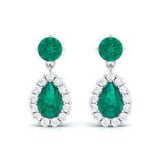 Natural Emerald Teardrop Earrings with Diamond Halo