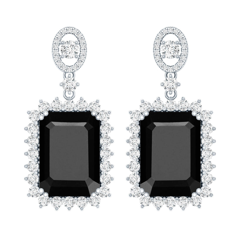 18 Carat Emerald Cut Lab Grown Black Diamond Statement Earrings in Silver
