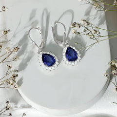 5 Carat Lab Grown Blue Sapphire Sterling Silver Drop Earrings