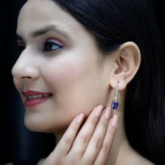 5.5 Carat Emerald Cut Lab Grown Blue Sapphire Drop Earrings in Silver