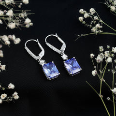 5.5 Carat Emerald Cut Lab Grown Blue Sapphire Drop Earrings in Silver