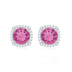 Pink Tourmaline Stud Earrings with Diamond Halo