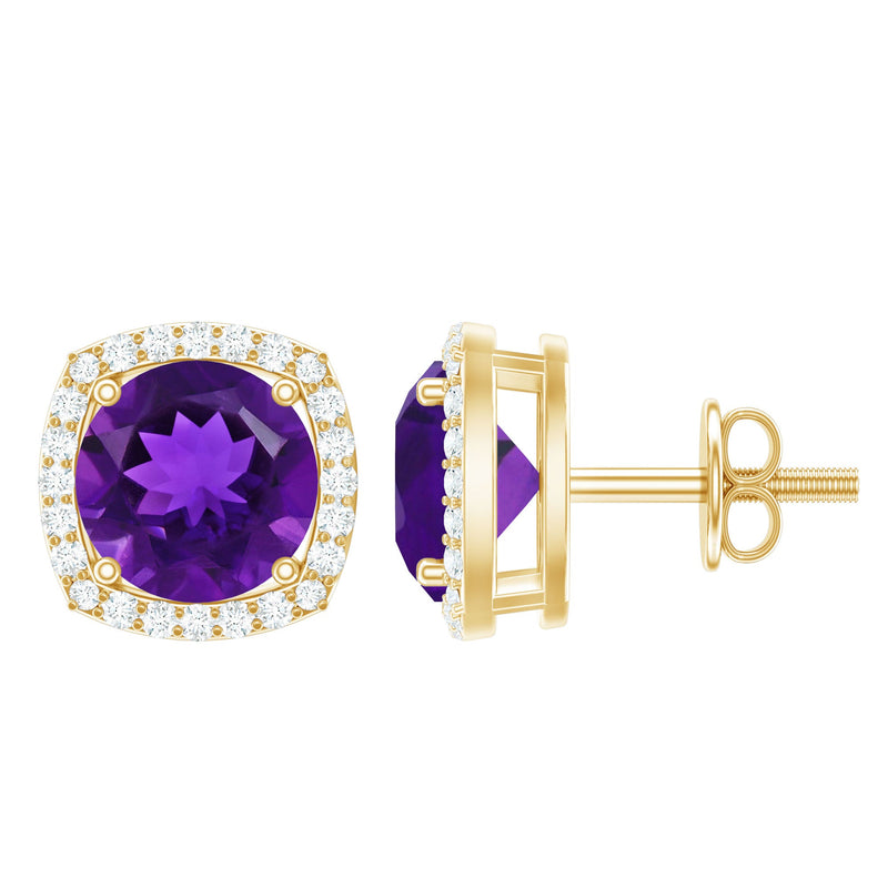Natural Amethyst Stud Earrings with Diamond Halo