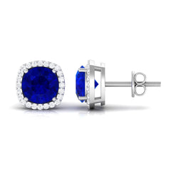 Round Lab Created Blue Sapphire Stud Earrings with Diamond Halo