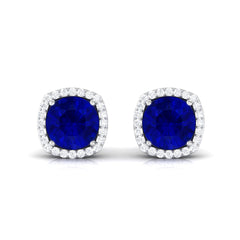Round Lab Created Blue Sapphire Stud Earrings with Diamond Halo