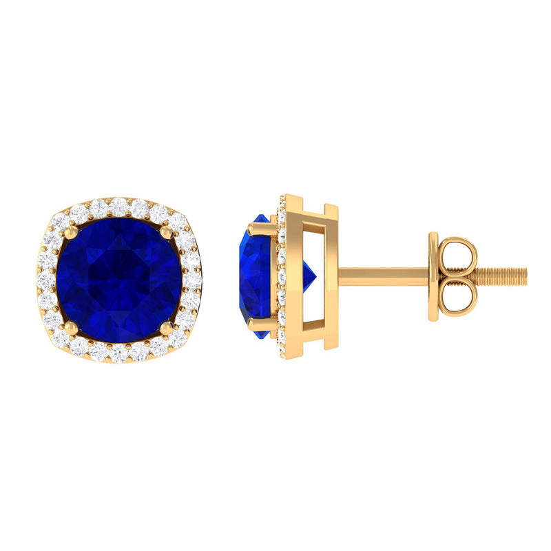 Round Lab Created Blue Sapphire Stud Earrings with Diamond Halo