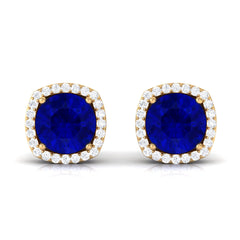 Round Lab Created Blue Sapphire Stud Earrings with Diamond Halo