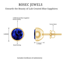 2 Carat Round Lab Created Blue Sapphire Stud Earrings in Bezel Setting