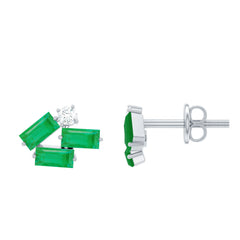 Baguette Cut Emerald and Moissanite Cluster Stud Earrings