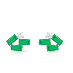 Baguette Cut Emerald and Moissanite Cluster Stud Earrings