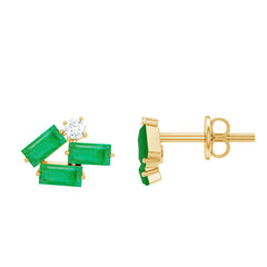 Baguette Cut Emerald and Moissanite Cluster Stud Earrings