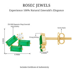 Baguette Cut Emerald and Moissanite Cluster Stud Earrings