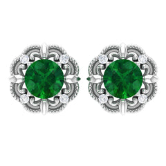 Vintage Inspired Emerald Diamond Earrings with Screw Back
