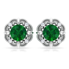 Vintage Inspired Emerald Diamond Earrings with Screw Back