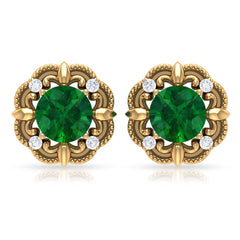 Vintage Inspired Emerald Diamond Earrings with Screw Back