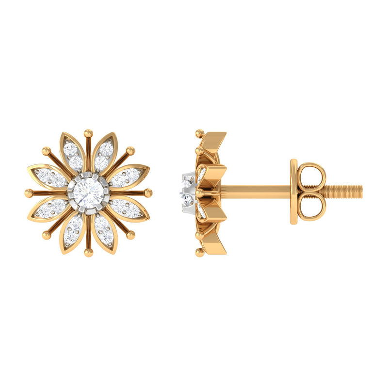 Natural Diamond Flower Stud Earrings with Screw Back