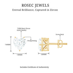 3 CT Heart Shape Cubic Zirconia Solitaire Stud Earrings in Gold