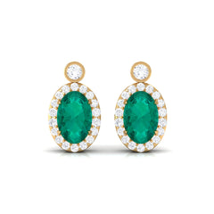 1 CT Oval Emerald and Diamond Halo Stud Earrings