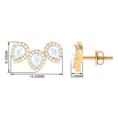Pear Shape Moonstone Three Stone Bridal Stud Earrings with Diamond Halo
