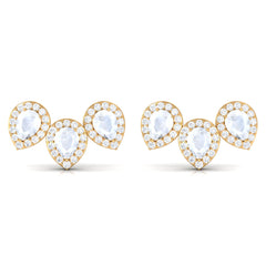 Pear Shape Moonstone Three Stone Bridal Stud Earrings with Diamond Halo