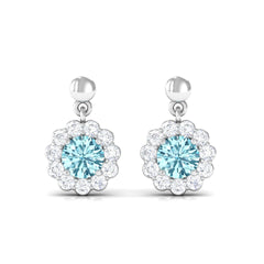1 CT Real Aquamarine and Diamond Flower Halo Drop Earrings