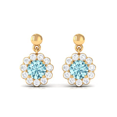 1 CT Real Aquamarine and Diamond Flower Halo Drop Earrings