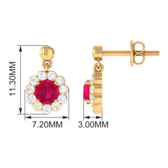 Natural Ruby Flower Drop Earrings with Diamond Halo