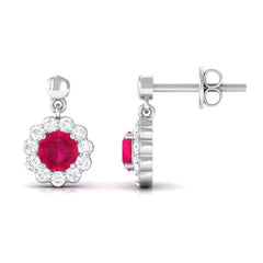 Natural Ruby Flower Drop Earrings with Diamond Halo