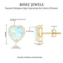 Natural Ethiopian Opal Heart Stud Earrings with Halo