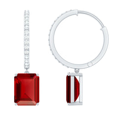 Emerald Cut Lab Created Ruby and Diamond Hoop Drop Earrings